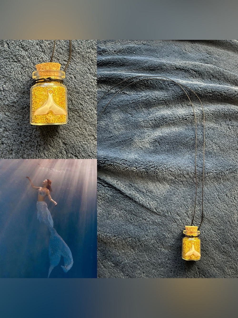 Cream Mermaid Tail Fairy Potion Glitter Bottle Necklace w/ Pendant